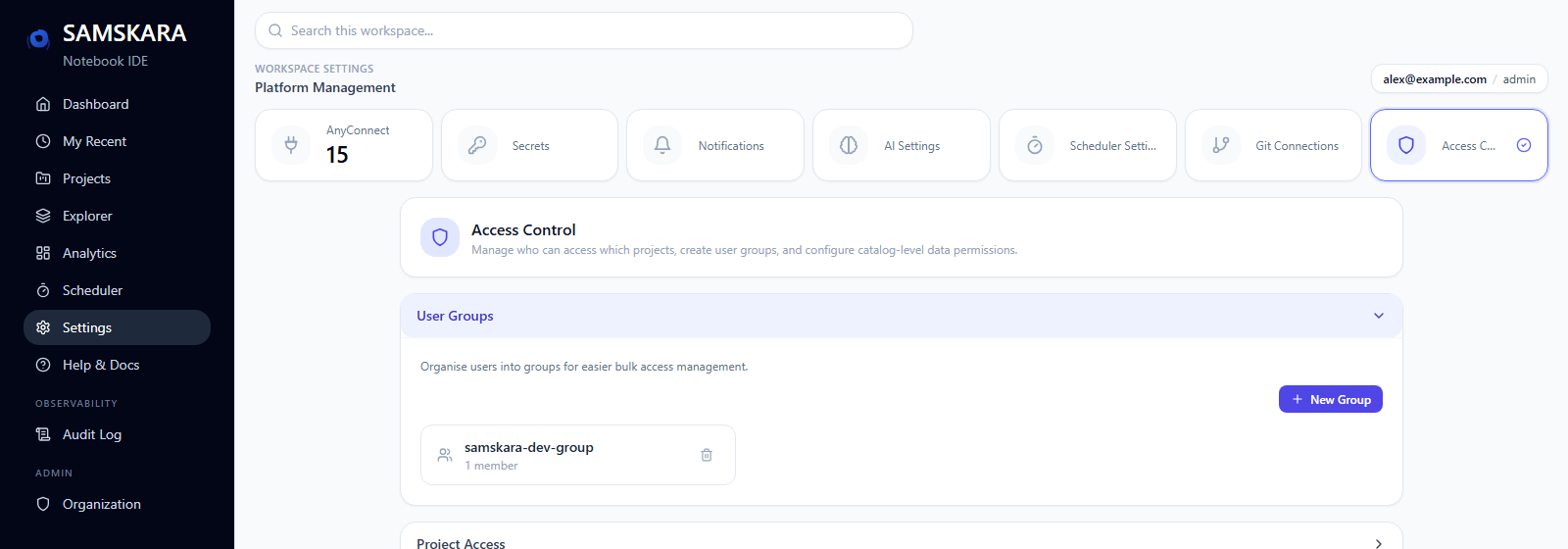 SAMSKARA Access Control settings showing user groups for bulk permission management
