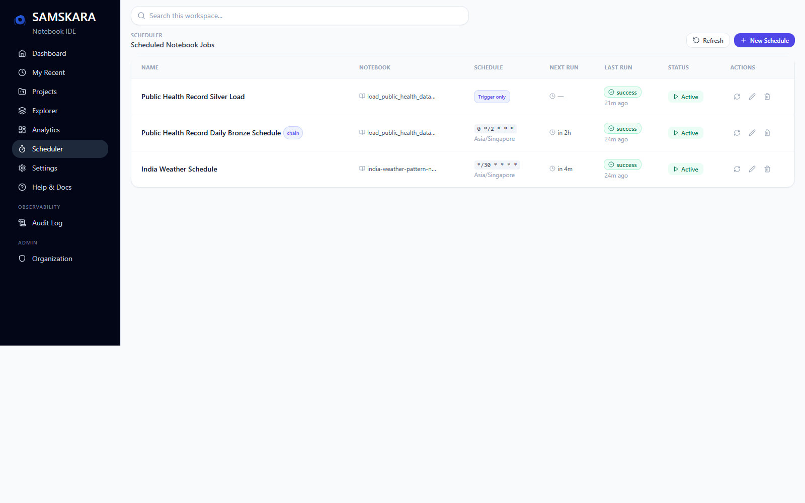 SAMSKARA Scheduler showing active scheduled notebook jobs with cron schedules and run history